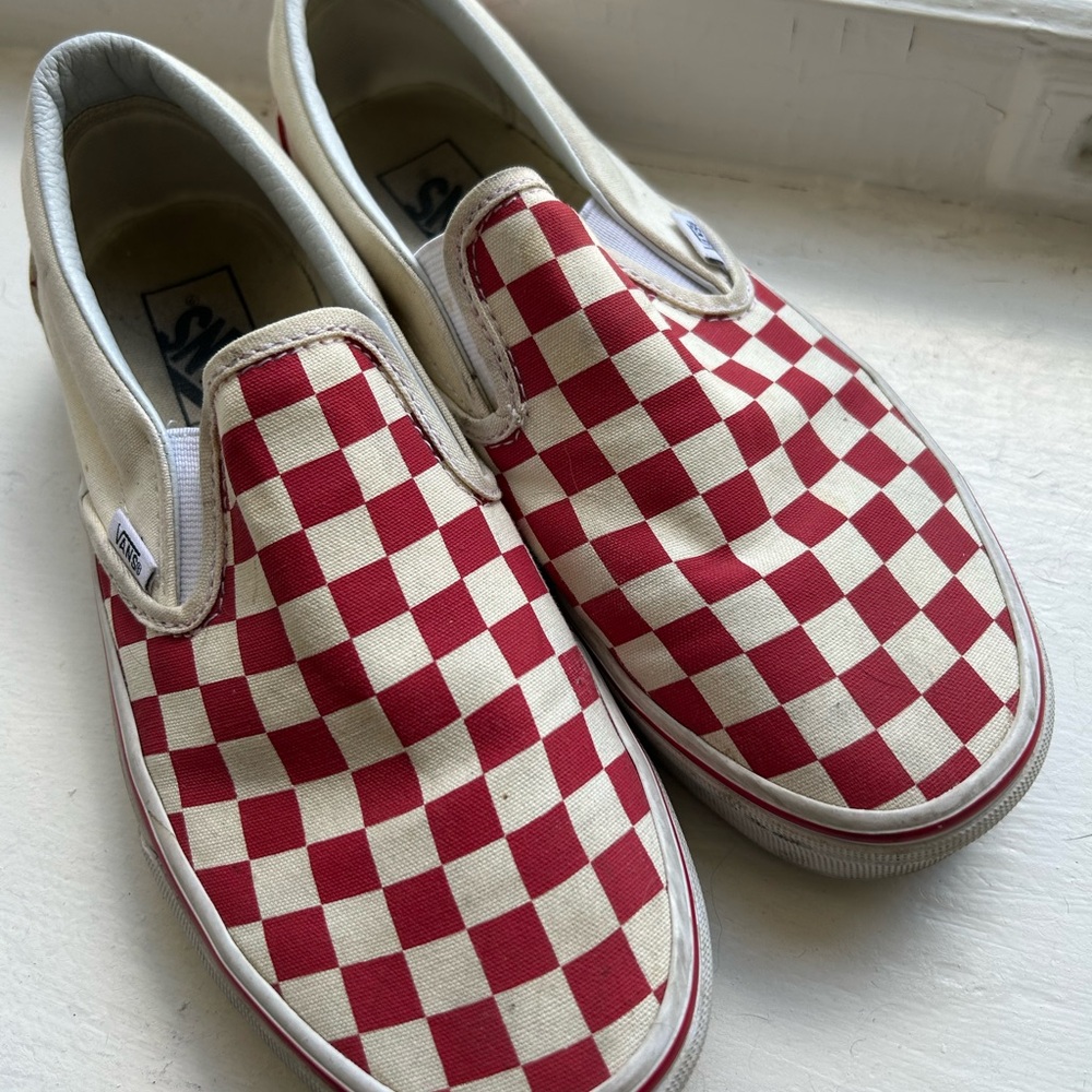 Red/white checkered slip on vans